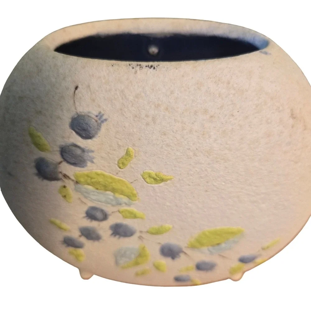 Signed Studio Pottery Textured Blueberry Vase Cream Blue Footed Cottagecore Farm